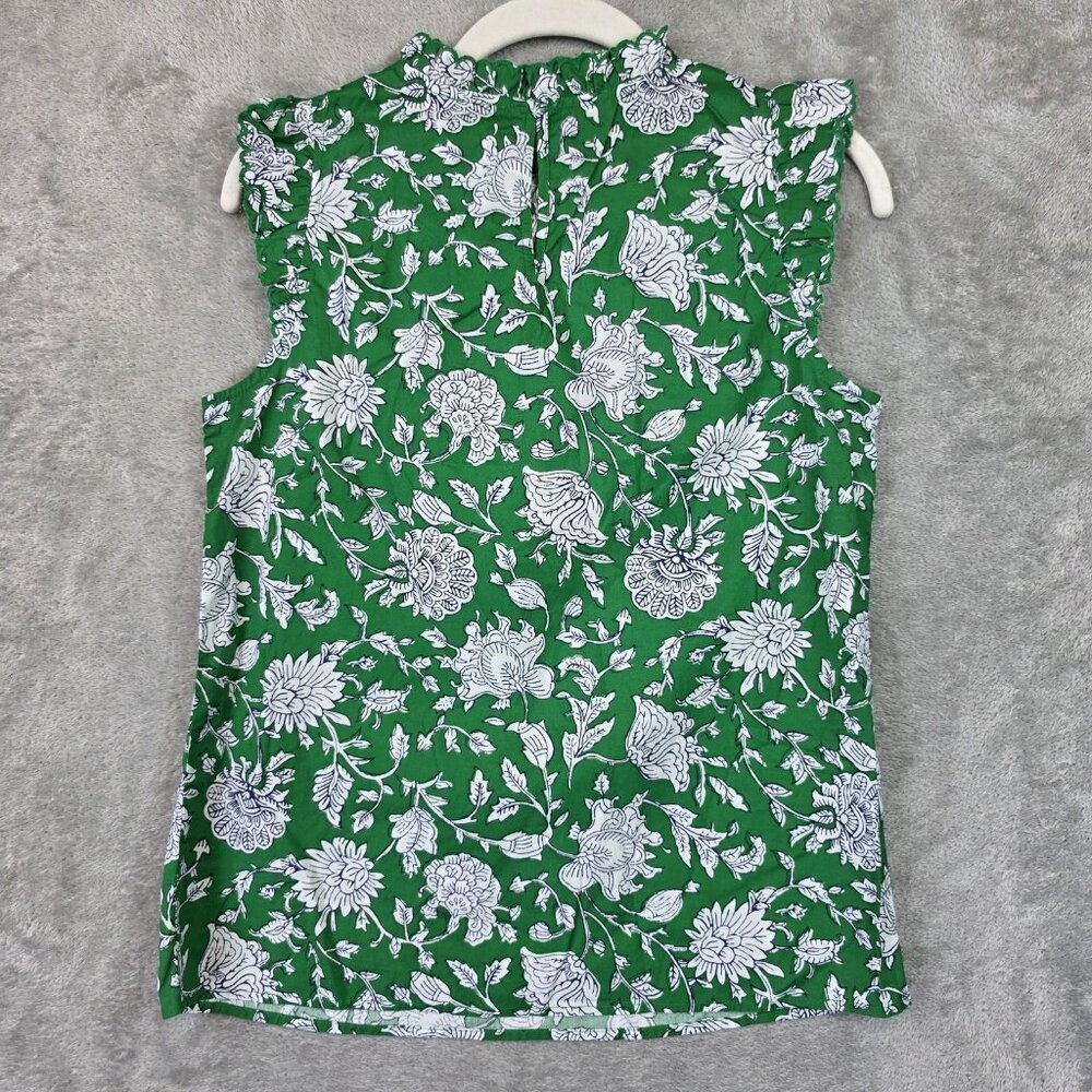 J Crew Blouse Womens XS Green Floral Ruffle Sleeveless High Neck Button Top - Picture 2 of 7